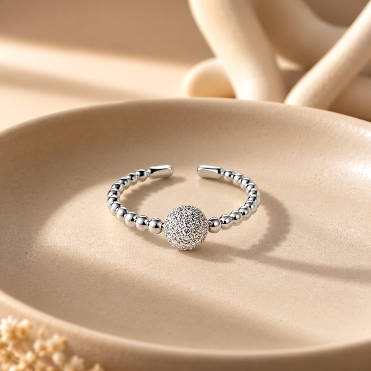 Silver Crystal Ball Adjustable Ring