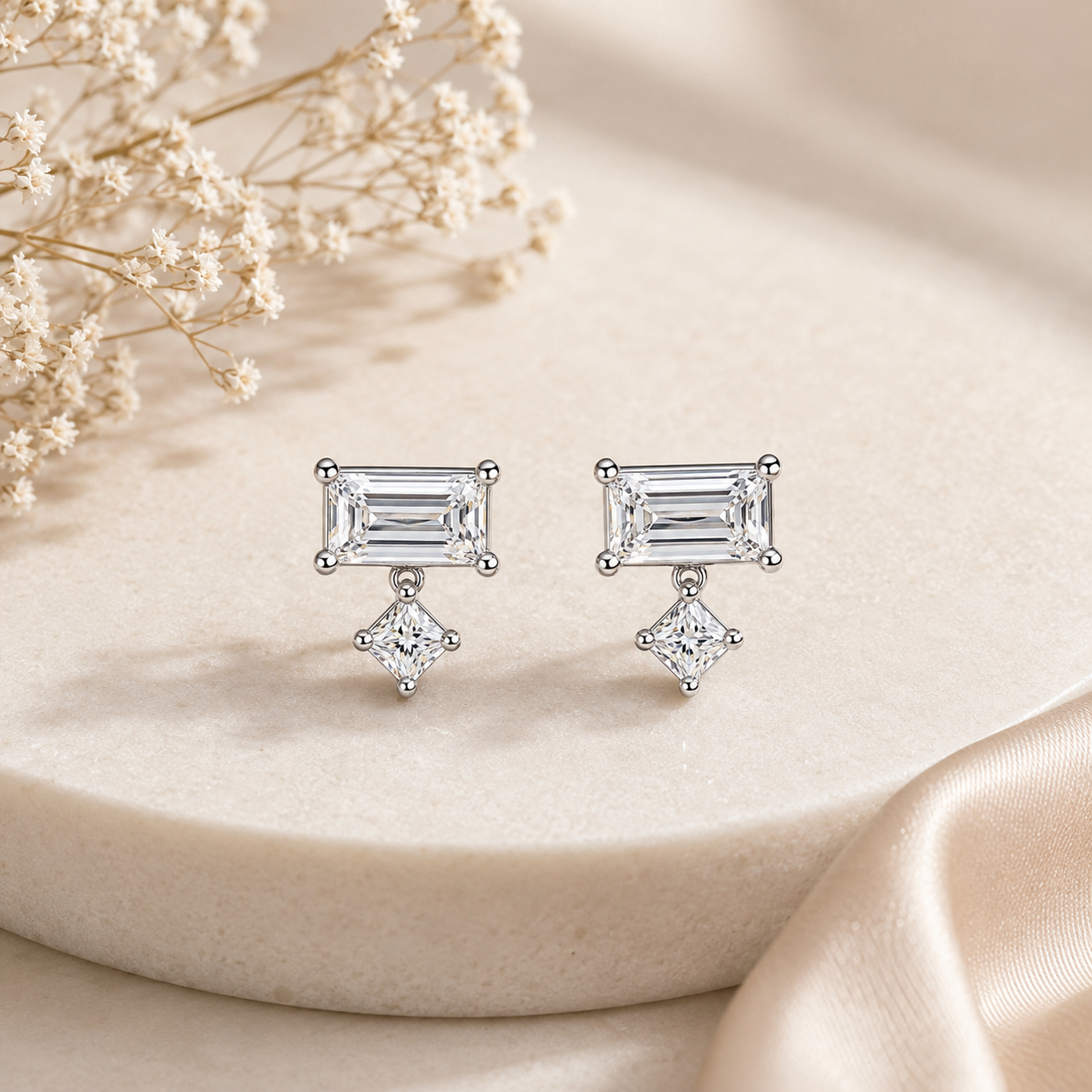 Silver Baguette Drop Stud Earrings