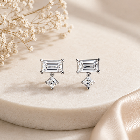 Silver Baguette Drop Stud Earrings