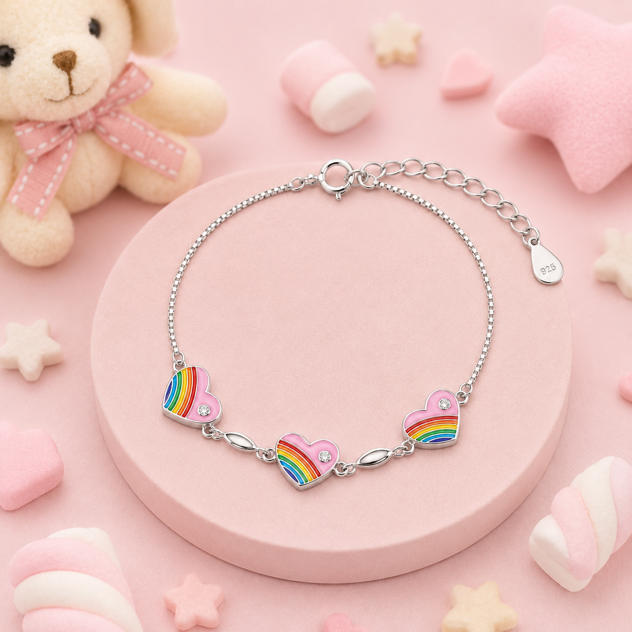 Silver Rainbow Heart Enamel Kids Bracelet