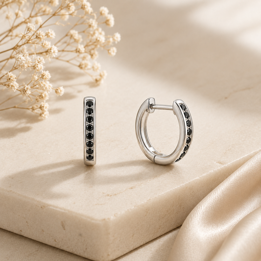 Silver Black CZ Hoop Earrings