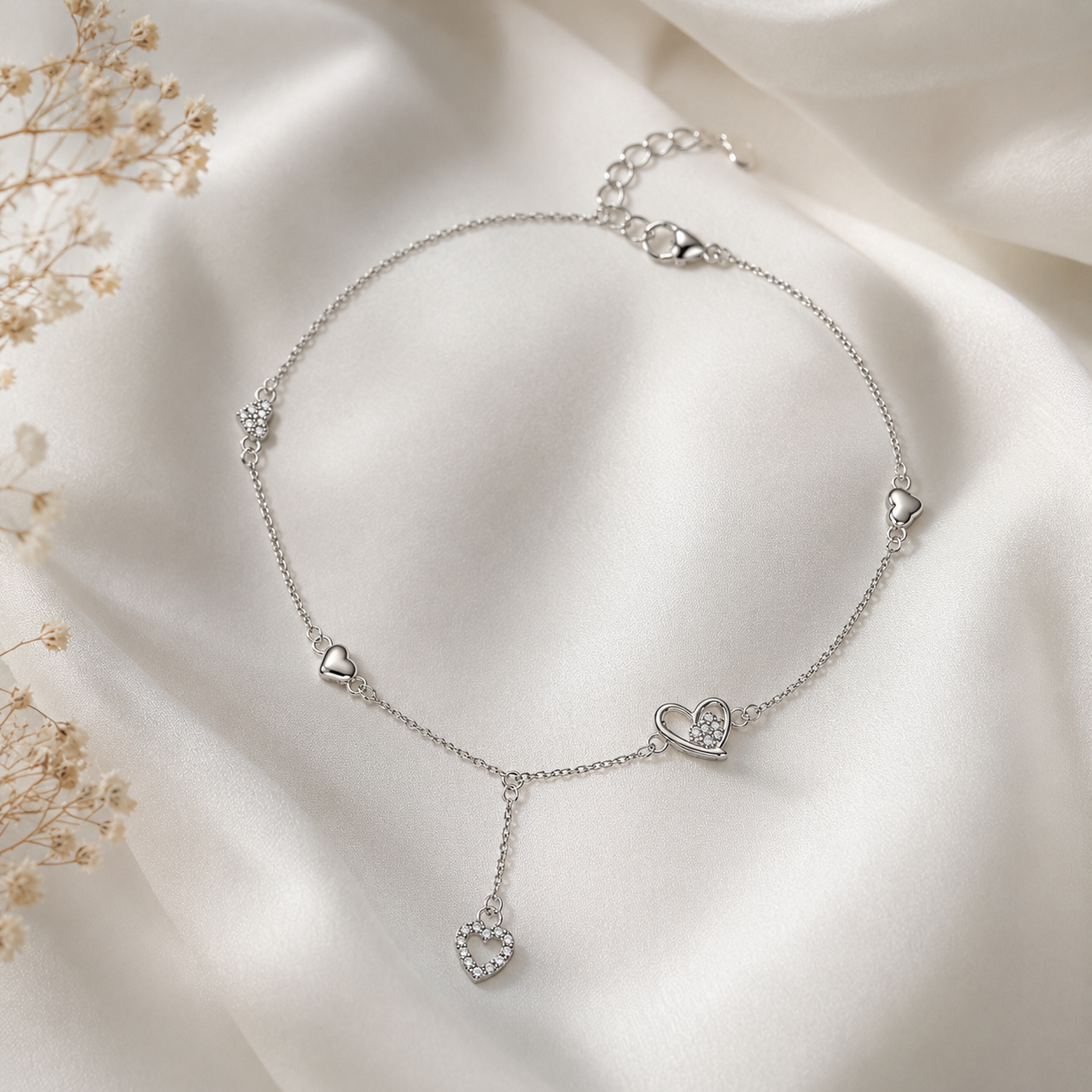 Silver Heart Drop Anklet