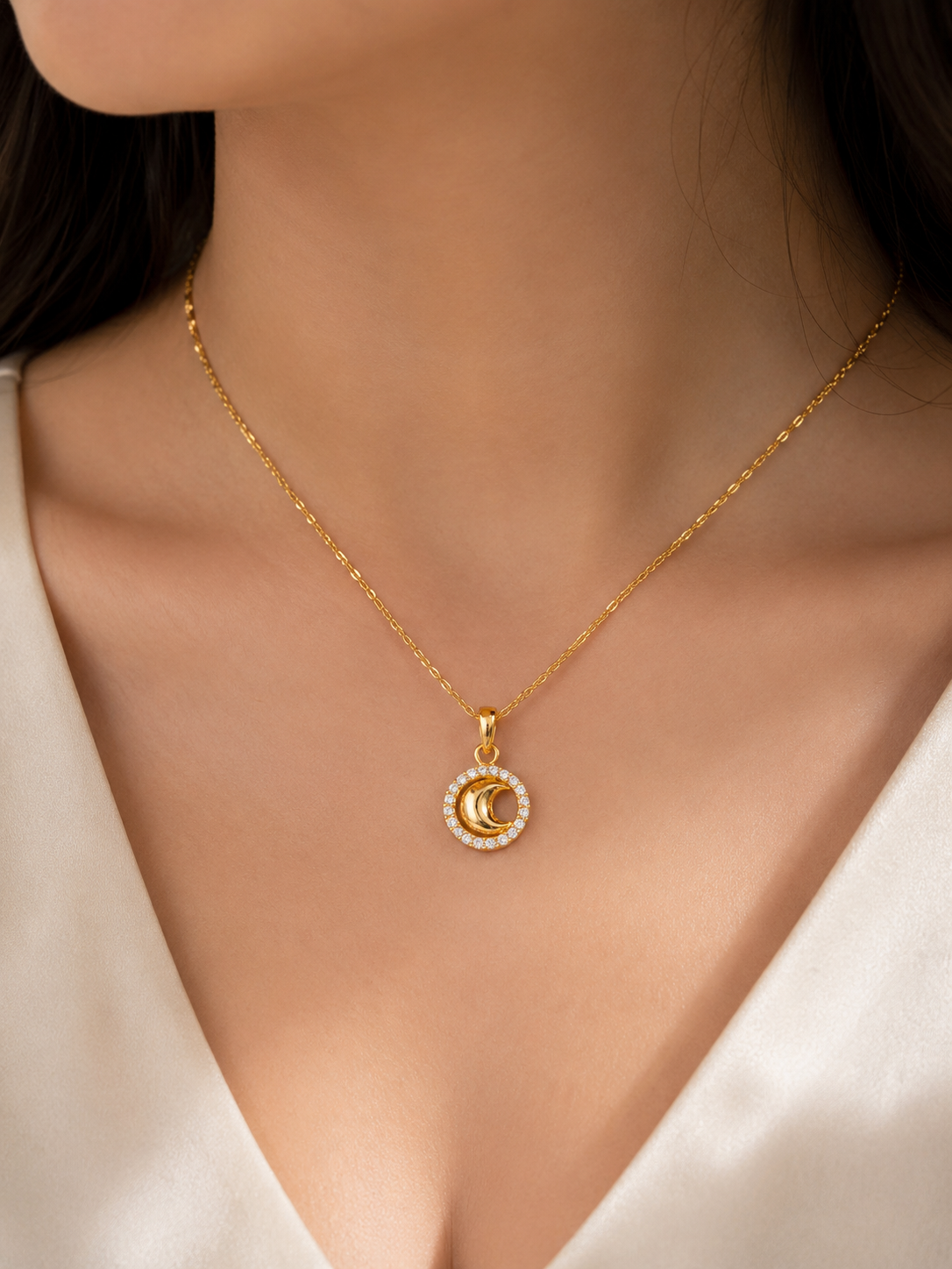 9K Gold Crescent Moon Crystal Halo Pendant