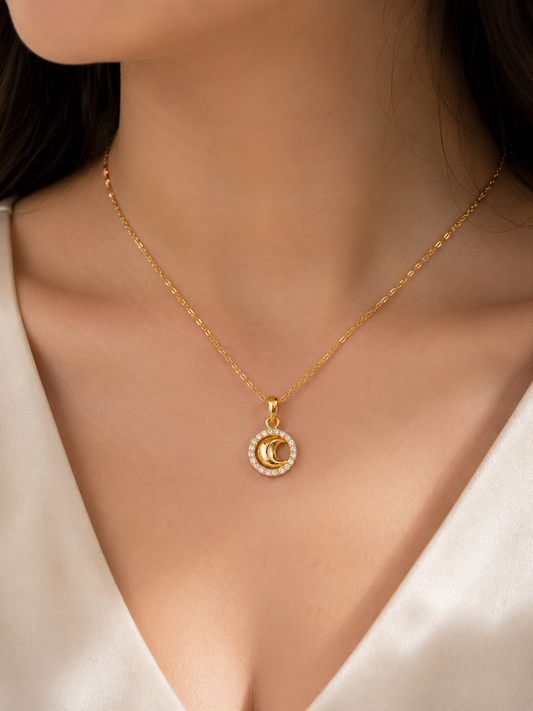 9K Gold Crescent Moon Crystal Halo Pendant