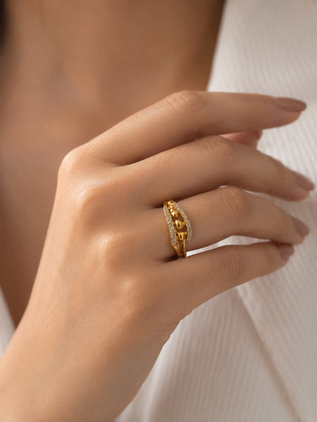 9K Gold Double Heart Diamond Ring (Size -12)
