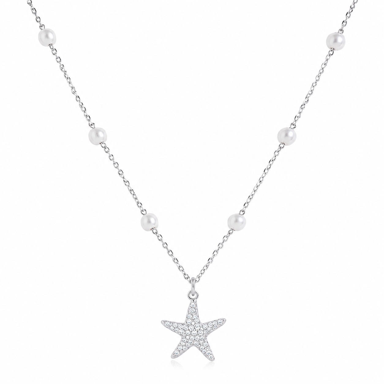 Silver Star Pearl Charm Necklace