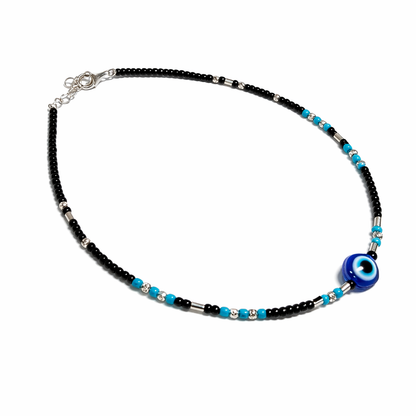 Blue Evil Eye Black Bead Anklet