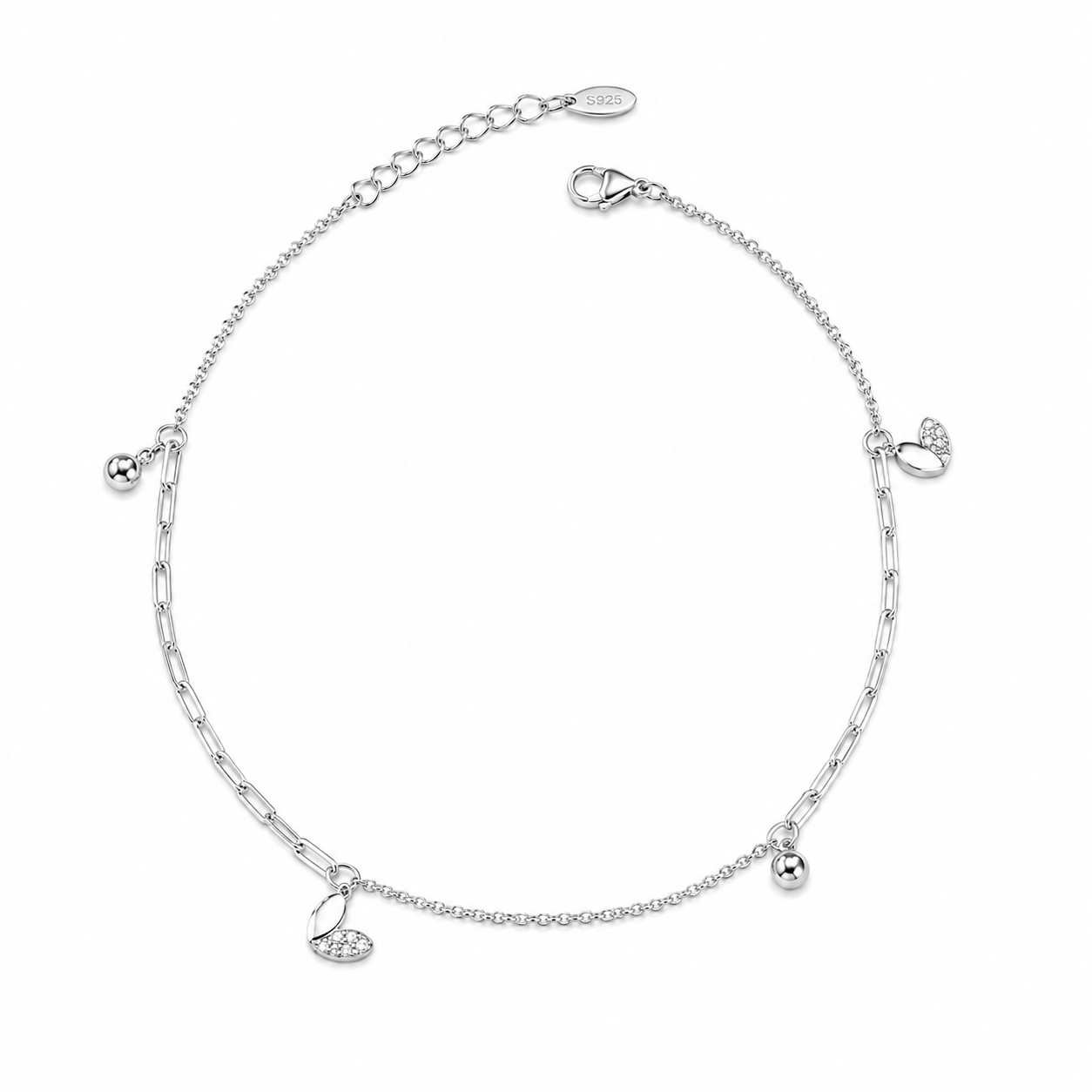 Silver Heart Charm Paperclip Anklet