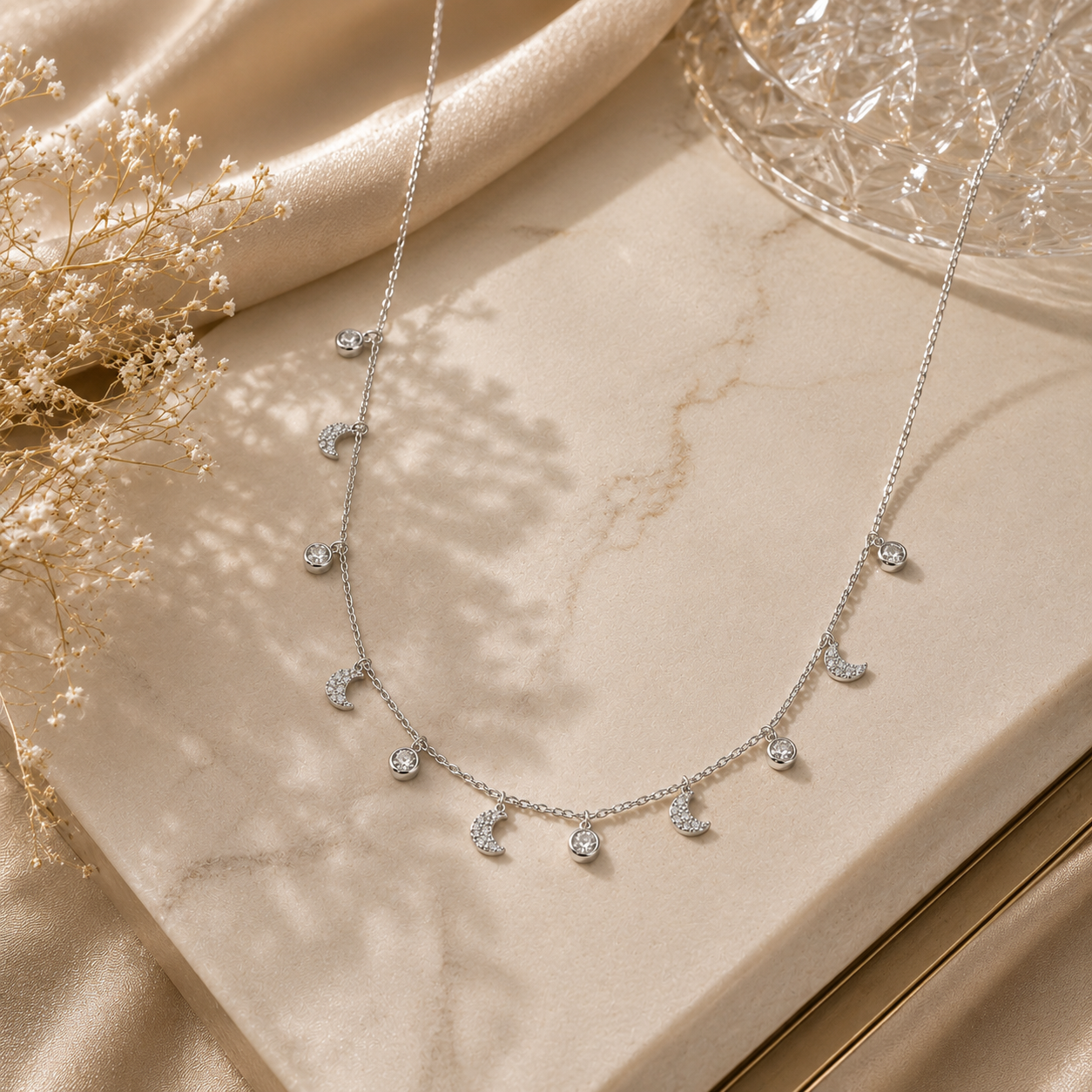 Silver Celestial Moon Charm Necklace