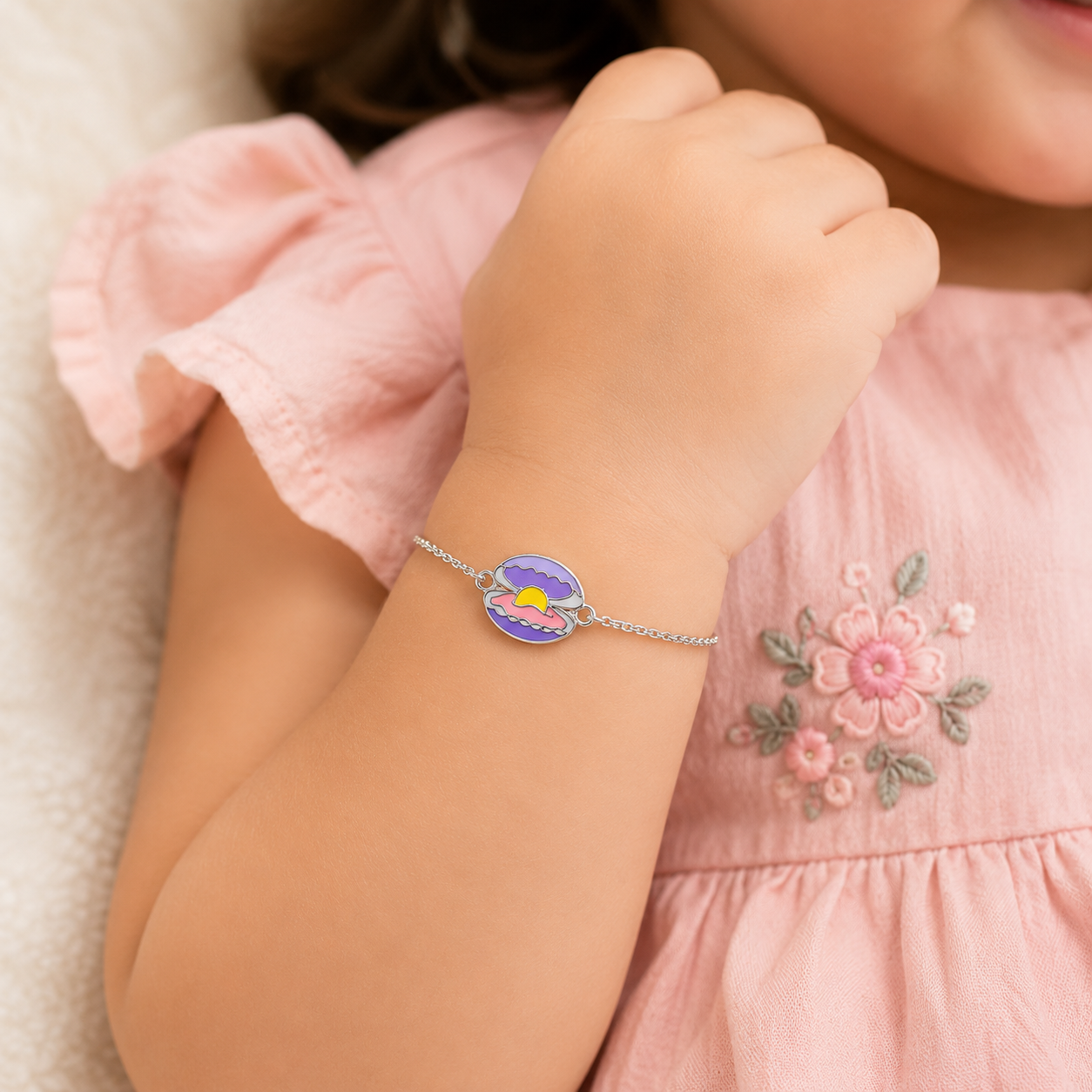 Silver Pearl Shell Enamel Kids Bracelet