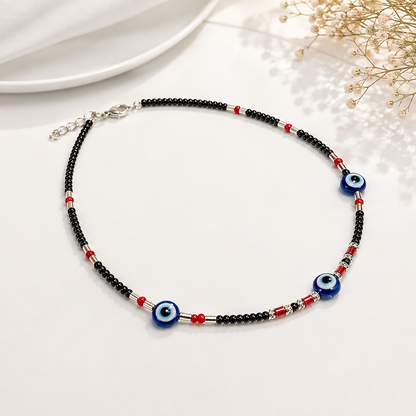 Triple Evil Eye Paired with Red Beads Anklet