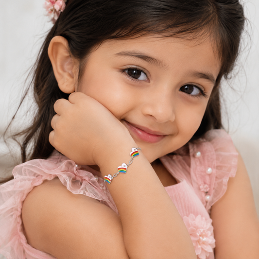 Silver Rainbow Heart Enamel Kids Bracelet
