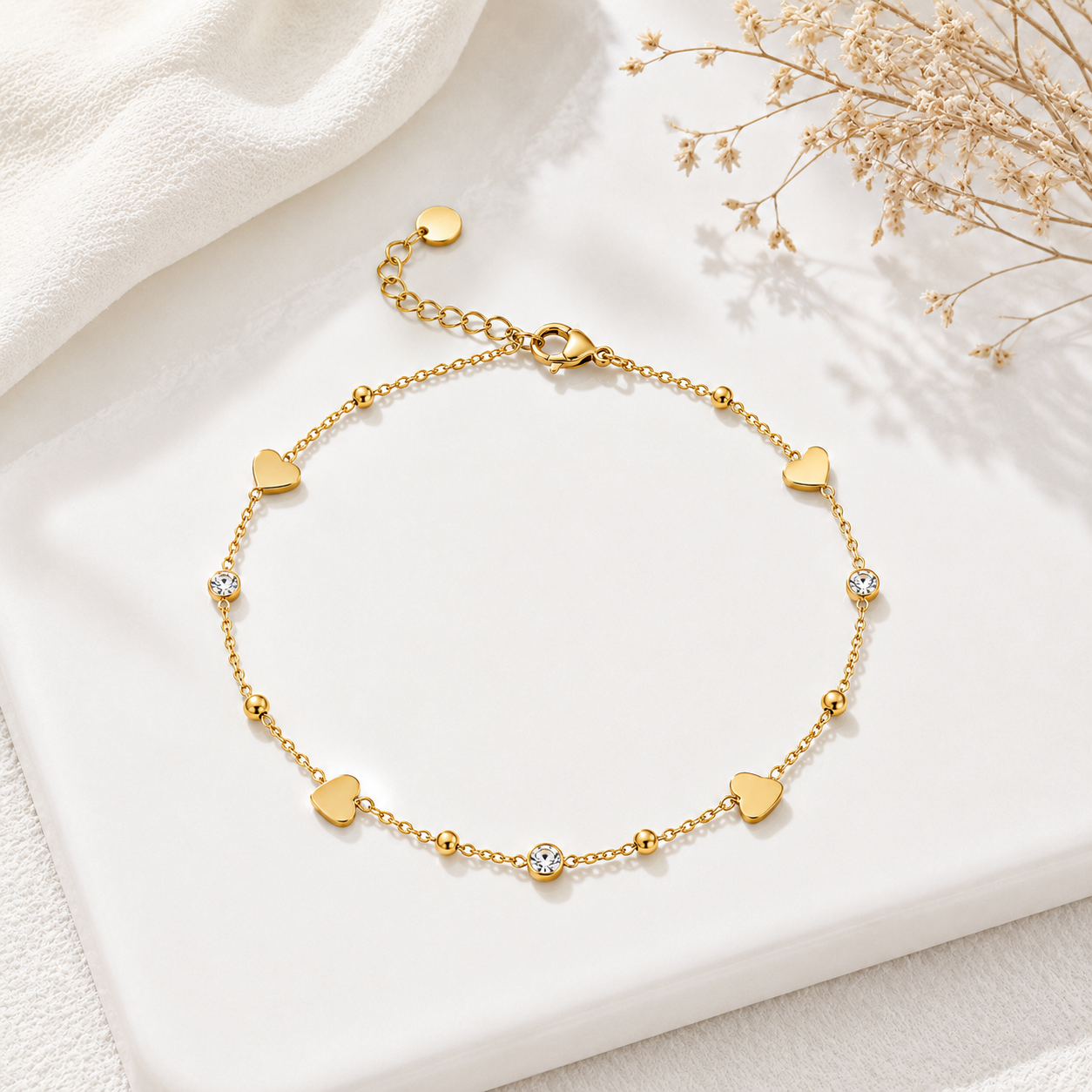 Heart & Crystal Gold Anklet