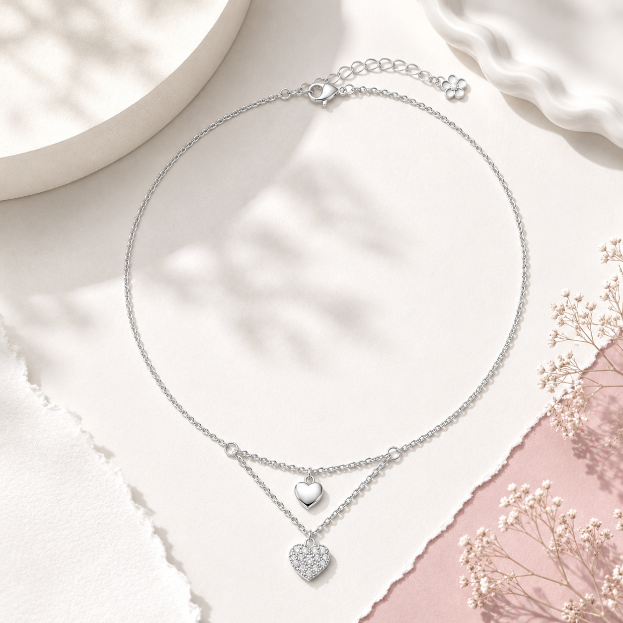 Silver Double Heart Charm Anklet