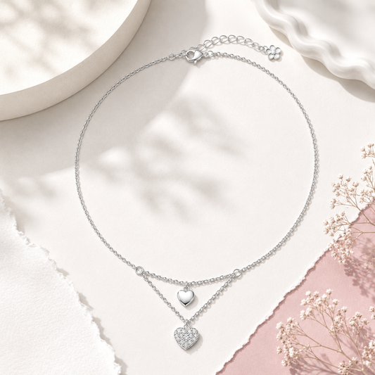 Silver Double Heart Charm Anklet