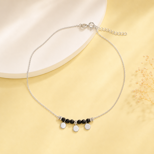 Silver Black Bead Charm Anklet
