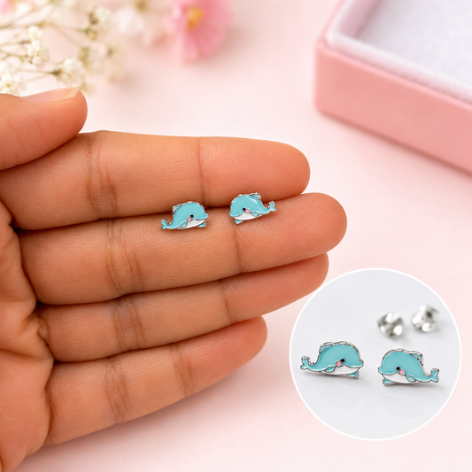 Silver Cute Dolphin Enamel Stud Earrings