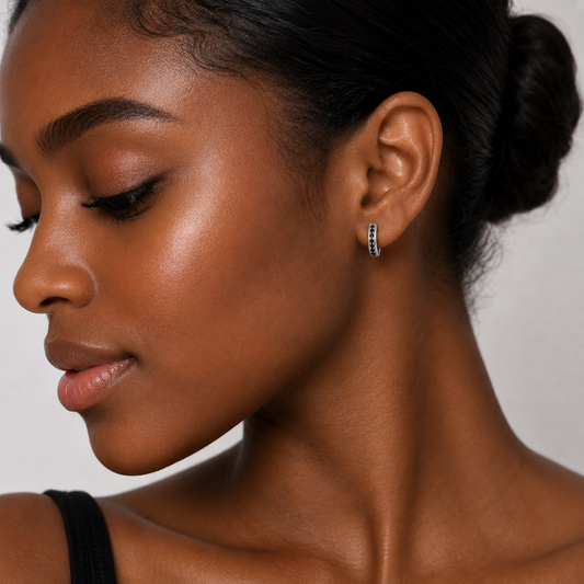 Silver Black CZ Hoop Earrings