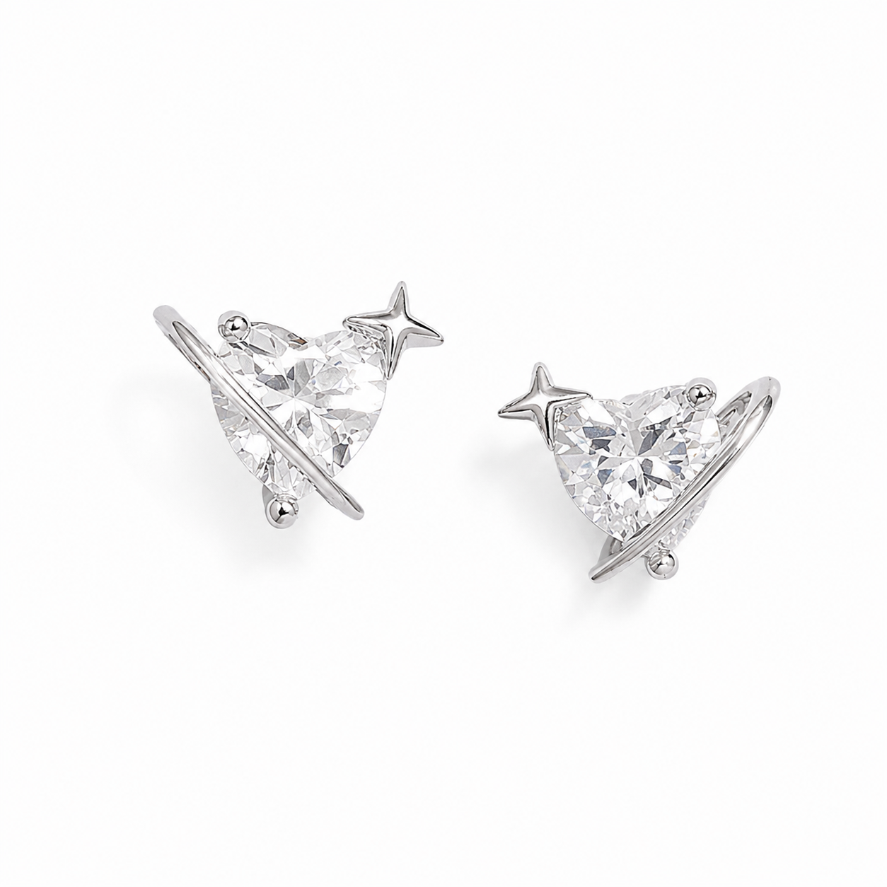 Silver Starry Heart Sparkle Studs
