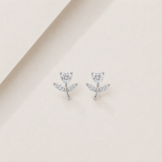 Silver Heart Flower Stud Earrings