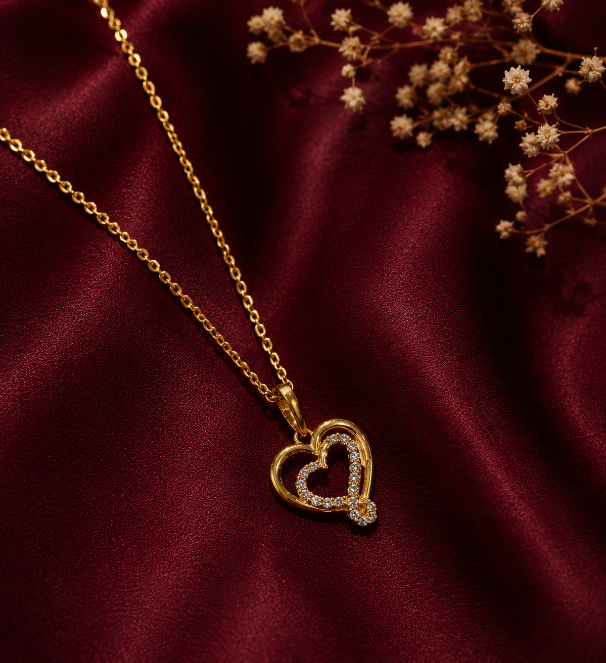 9K Gold Double Heart Crystal Pendant