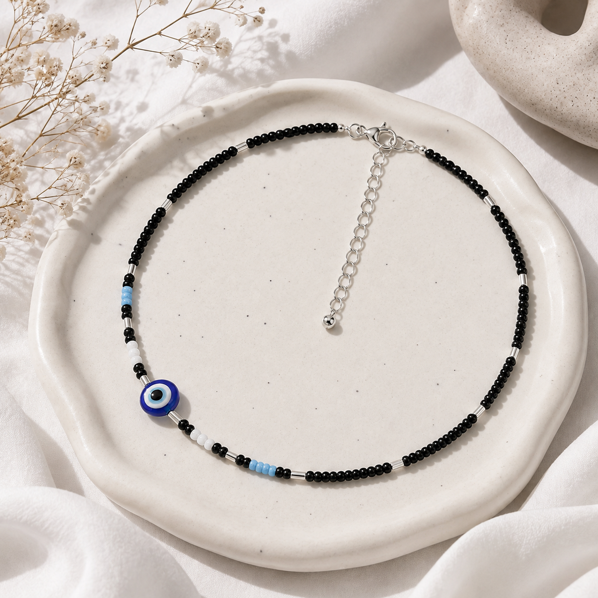Black & Blue Beaded Evil Eye Anklet