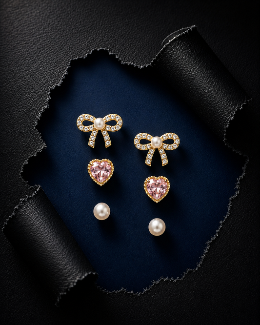 Silver Tiny Pink Heart & Bow Stud Set of 3