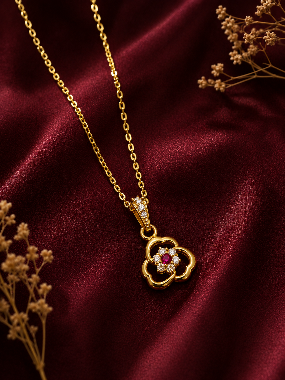 9K Gold Floral Ruby Crystal Pendant