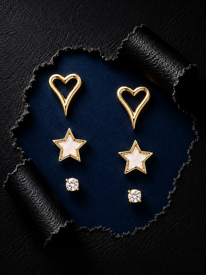 Silver Gold Finish Heart & Star Stud Trio