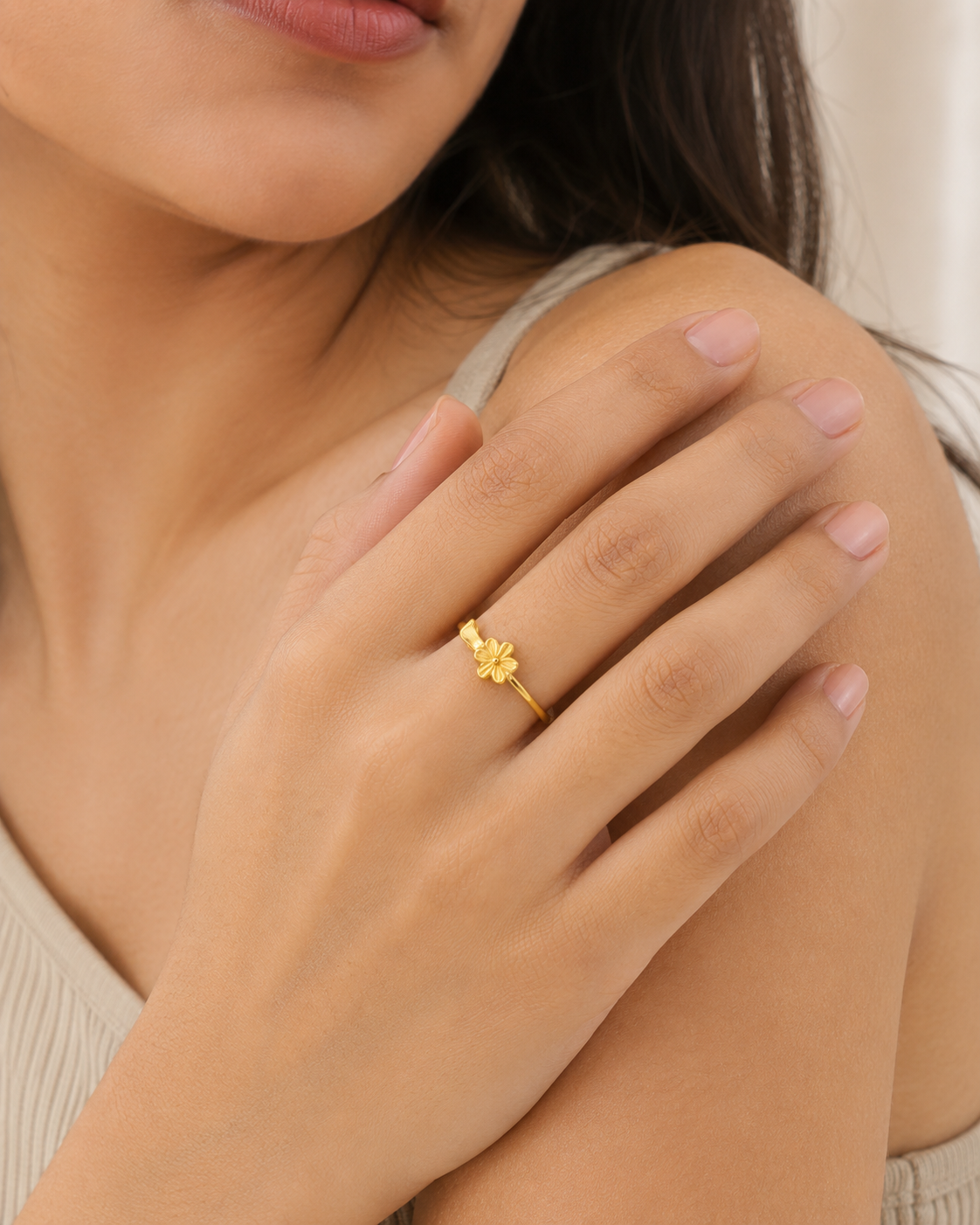 9K Gold Floral Bloom Minimal Ring (Size -12)