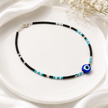Blue Evil Eye Black Bead Anklet