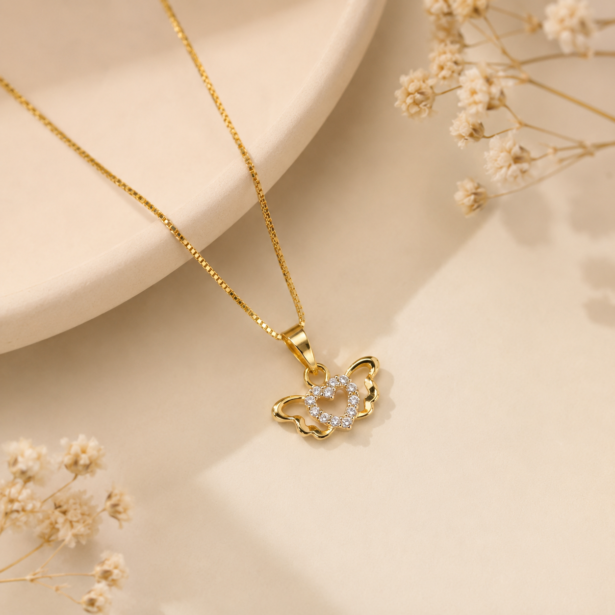 9K Gold Angel Wings Heart Pendant
