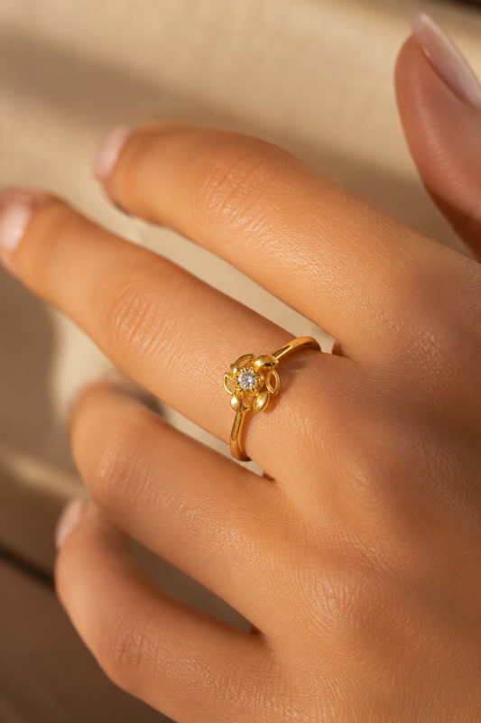 9K Gold Floral Sparkle Ring (Size - 12)