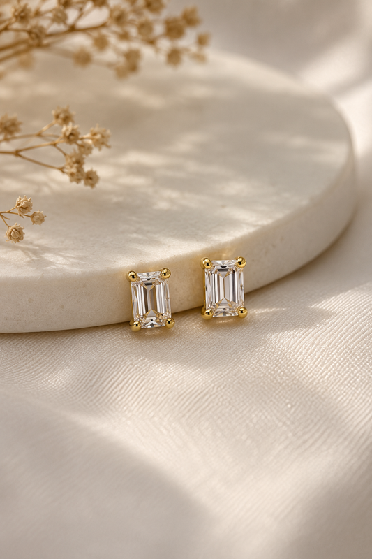 9K Gold Emerald Cut Stud Earrings