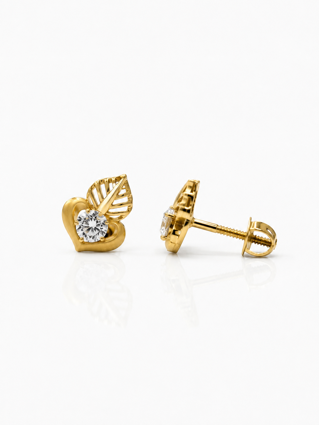 9K Gold Heart Leaf CZ Stud Earrings