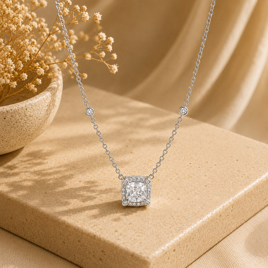 925 Silver Luxury Square Crystal  Necklace