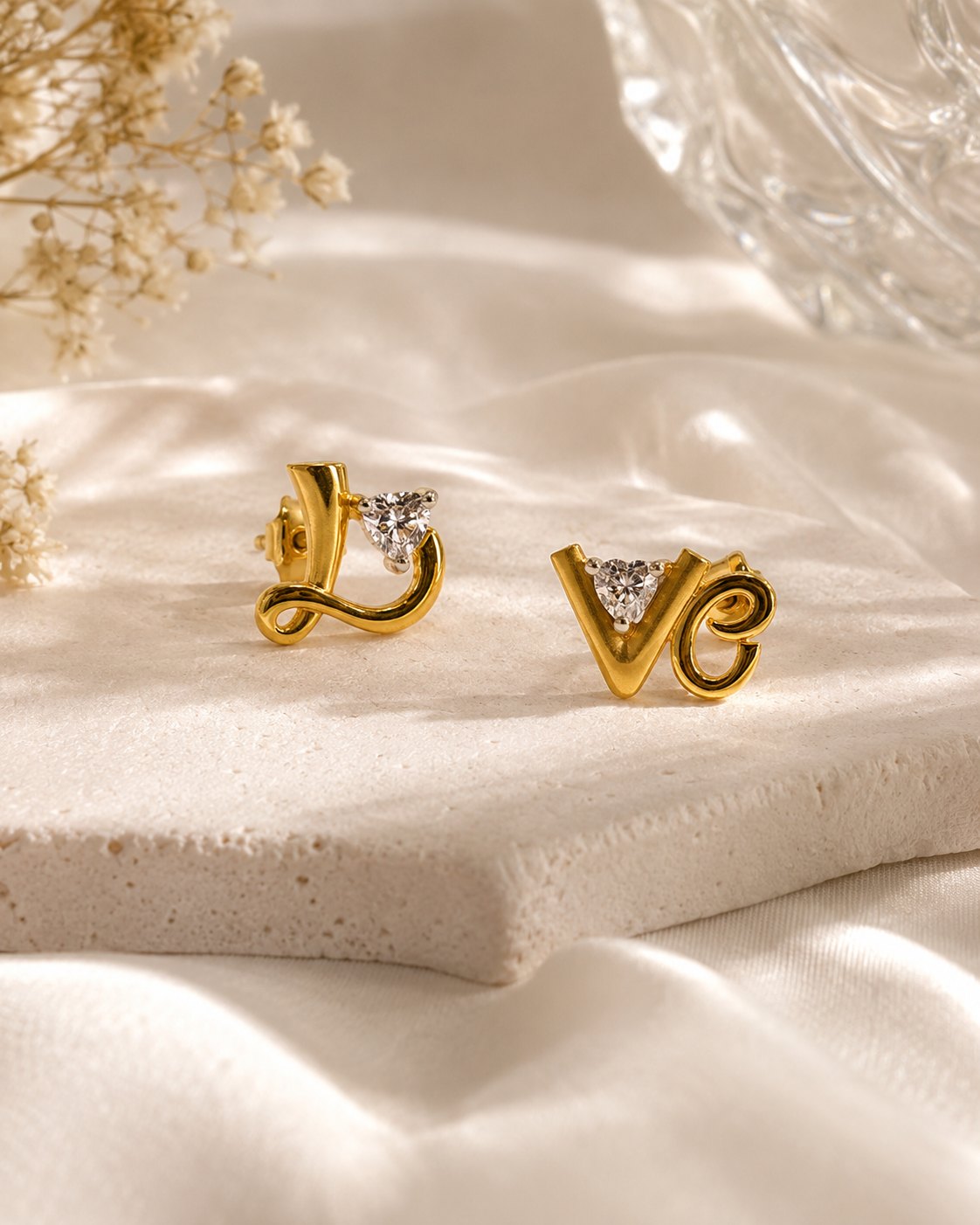 9K Gold Love Script CZ Stud Earrings