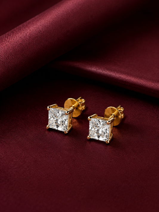 9K Gold Princess Cut Stud Earrings