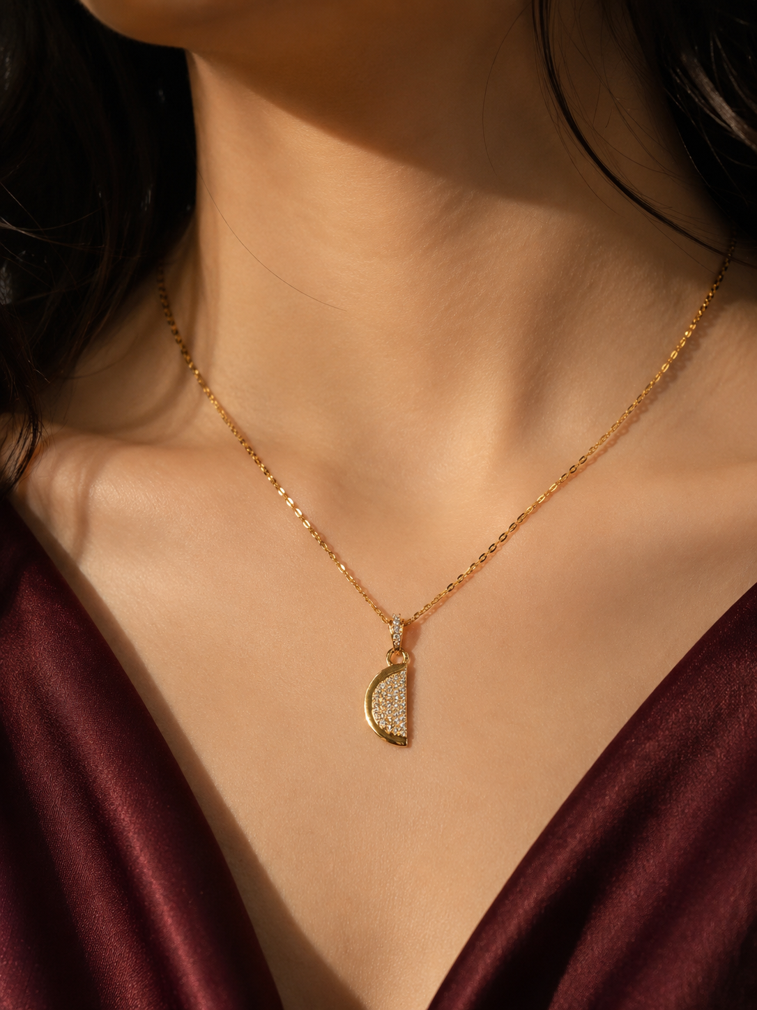 9K Gold Half Moon Crystal Pendant
