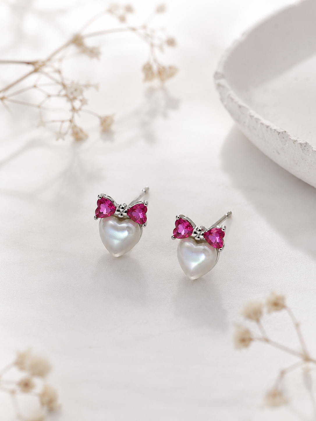 925 Silver Pink Bow Pearl Earrings