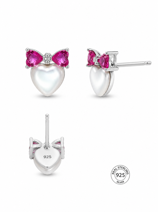 925 Silver Pink Bow Pearl Earrings