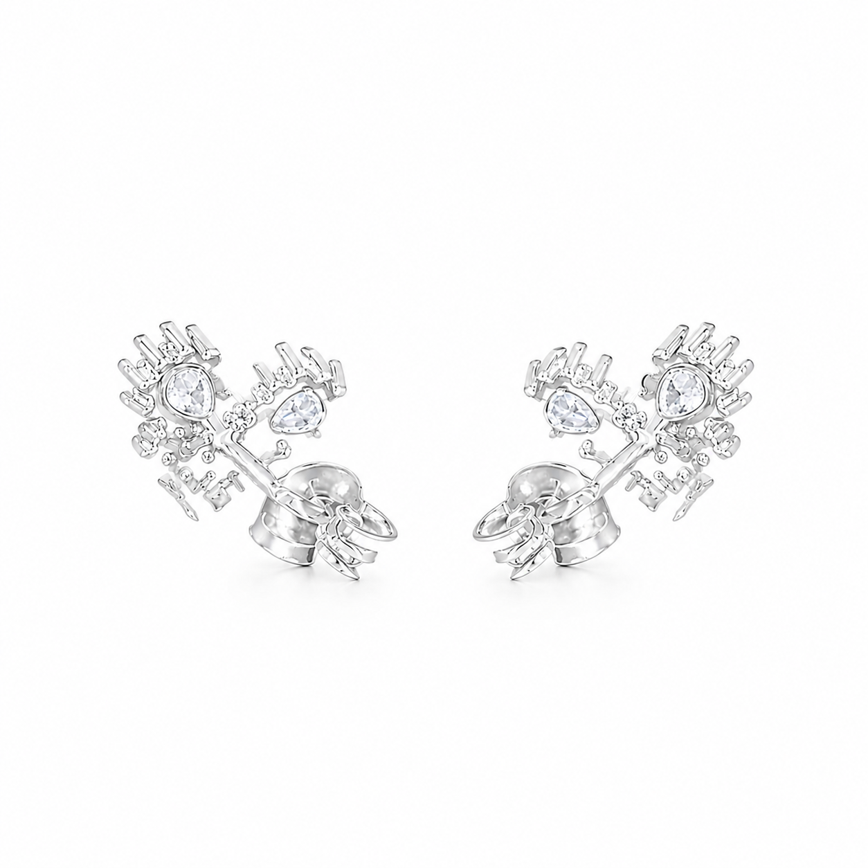 Silver Crystal Bloom Heart Studs