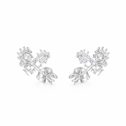 Silver Crystal Bloom Heart Studs