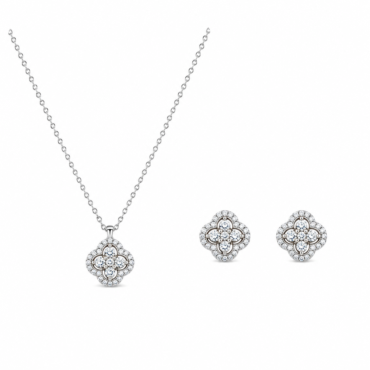 Silver Sparkling Floral Pendant  Set