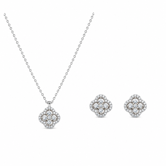 Silver Sparkling Floral Pendant  Set