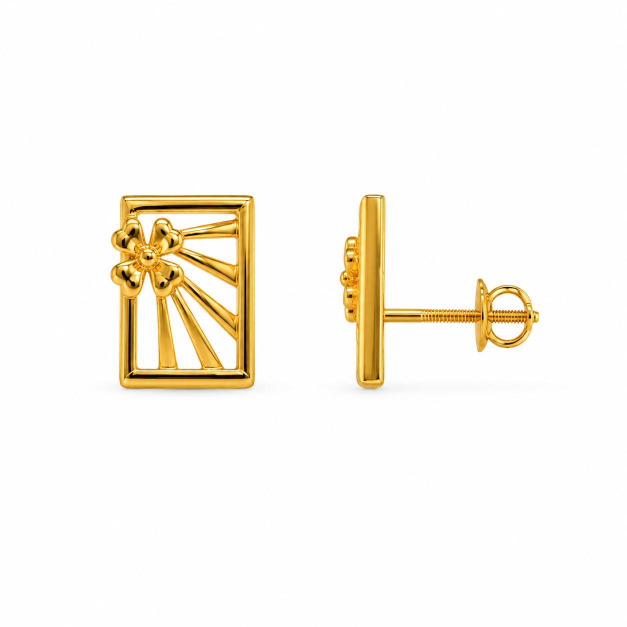 9K Gold Floral Sunburst Rectangle Stud Earrings