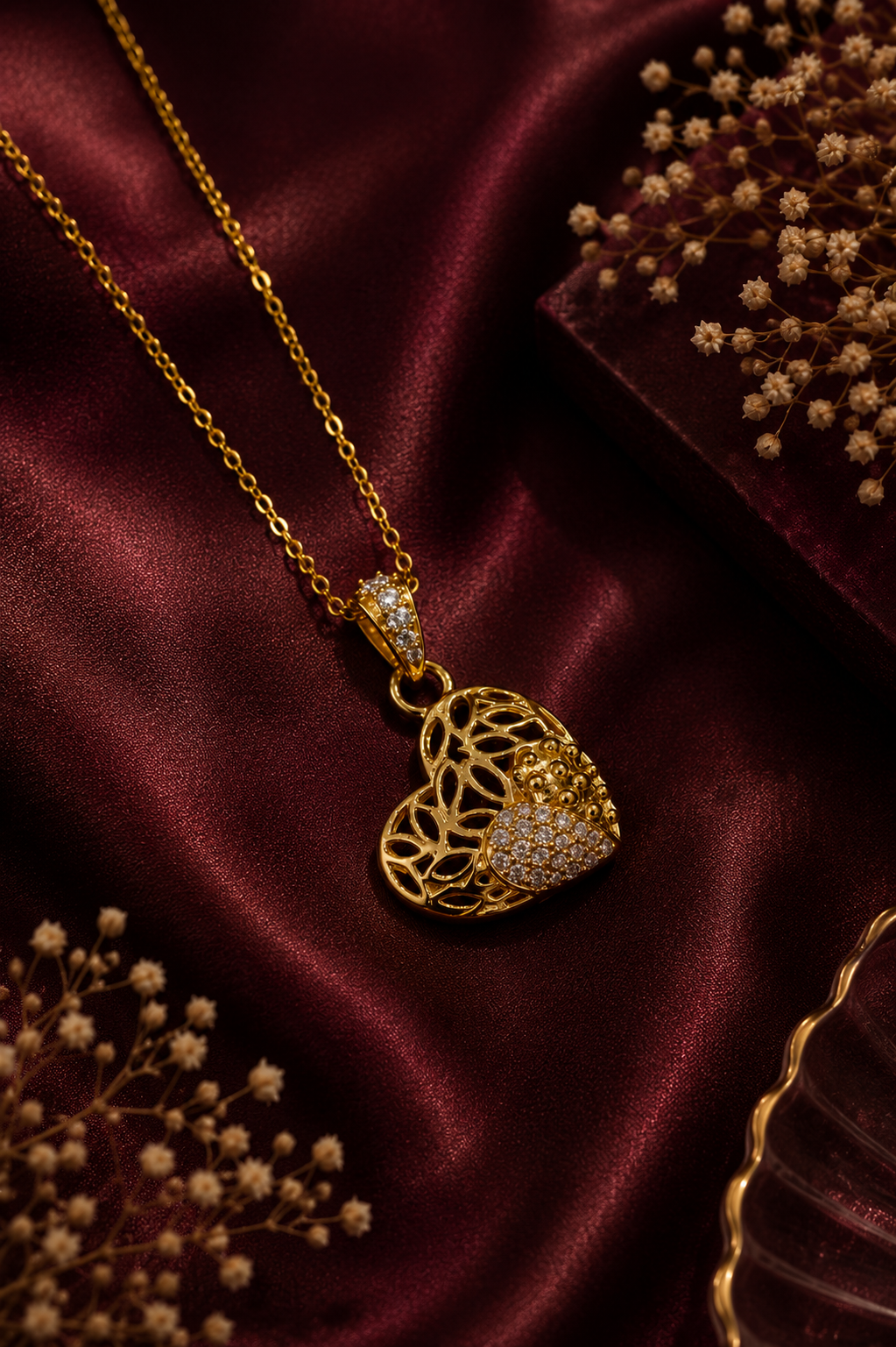 9K Gold Filigree Heart Diamond Pendant