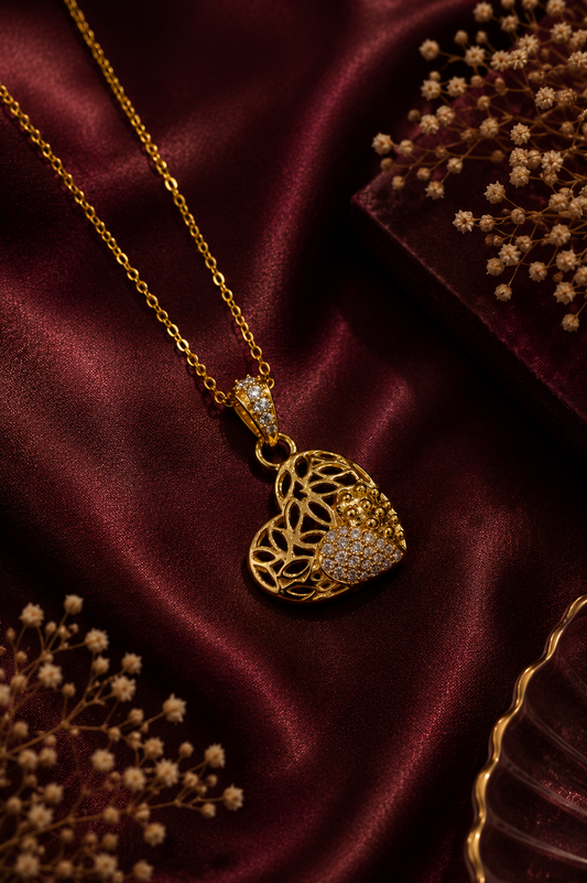 9K Gold Filigree Heart Diamond Pendant