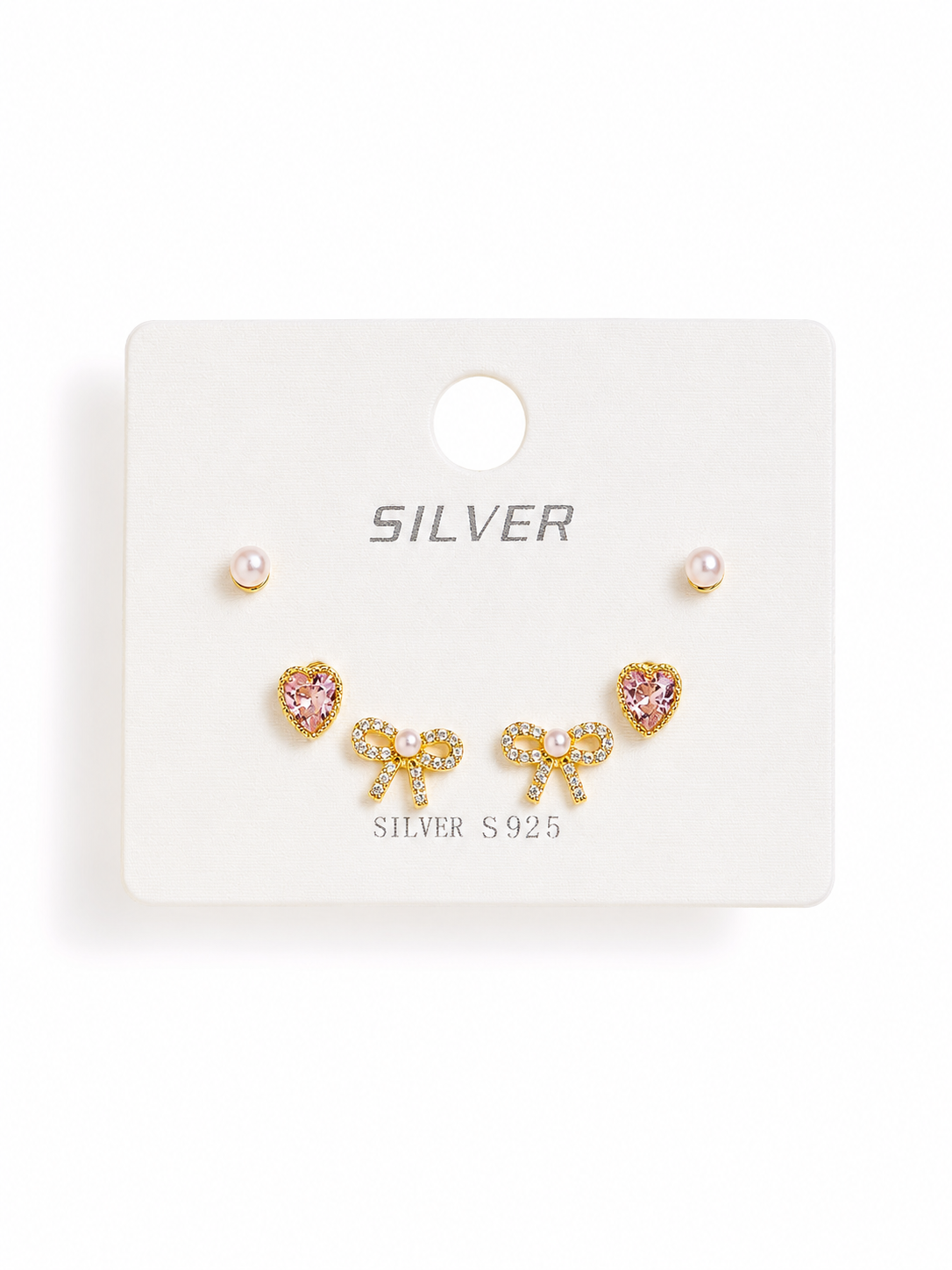 Silver Tiny Pink Heart & Bow Stud Set of 3