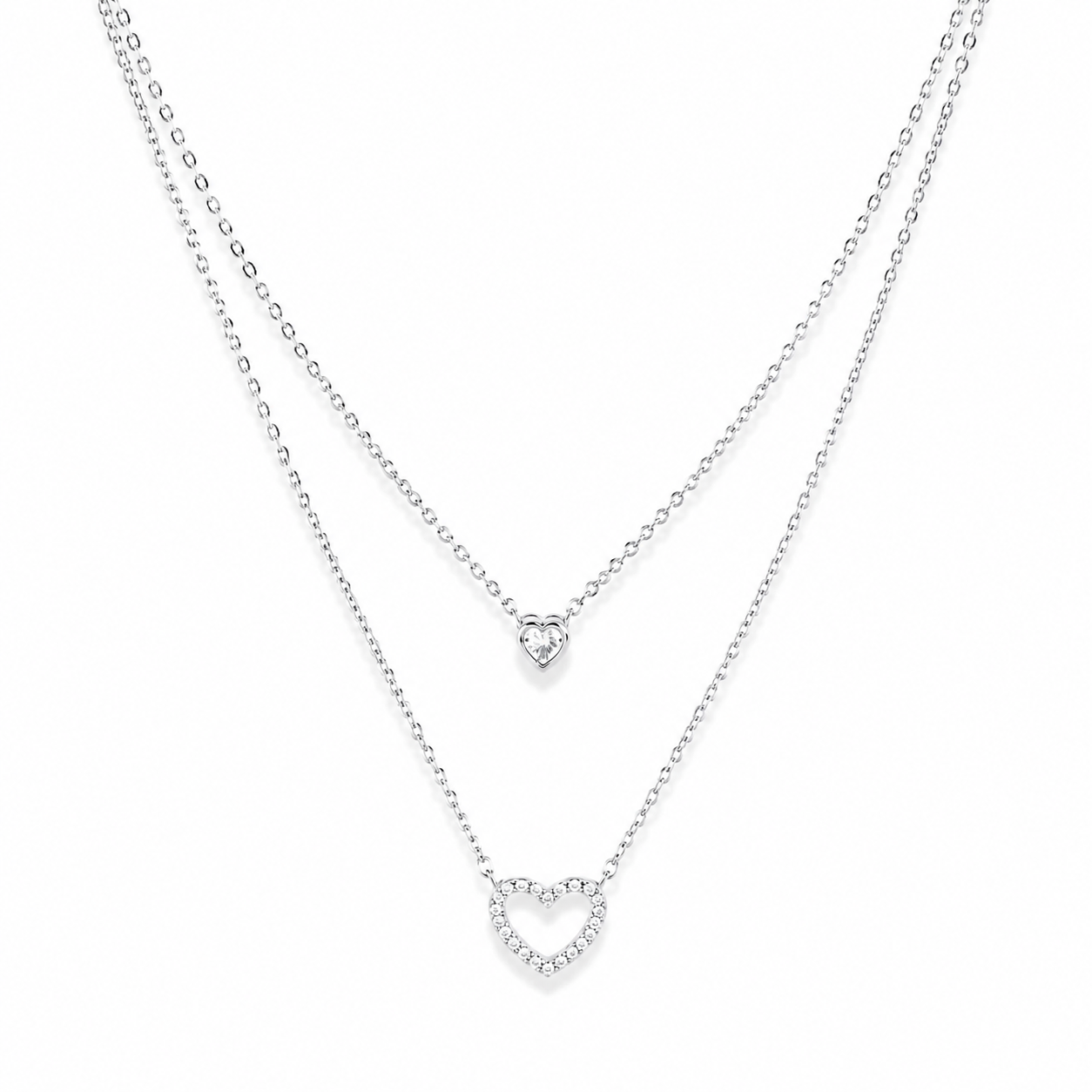 Silver Double Heart Layered Necklace